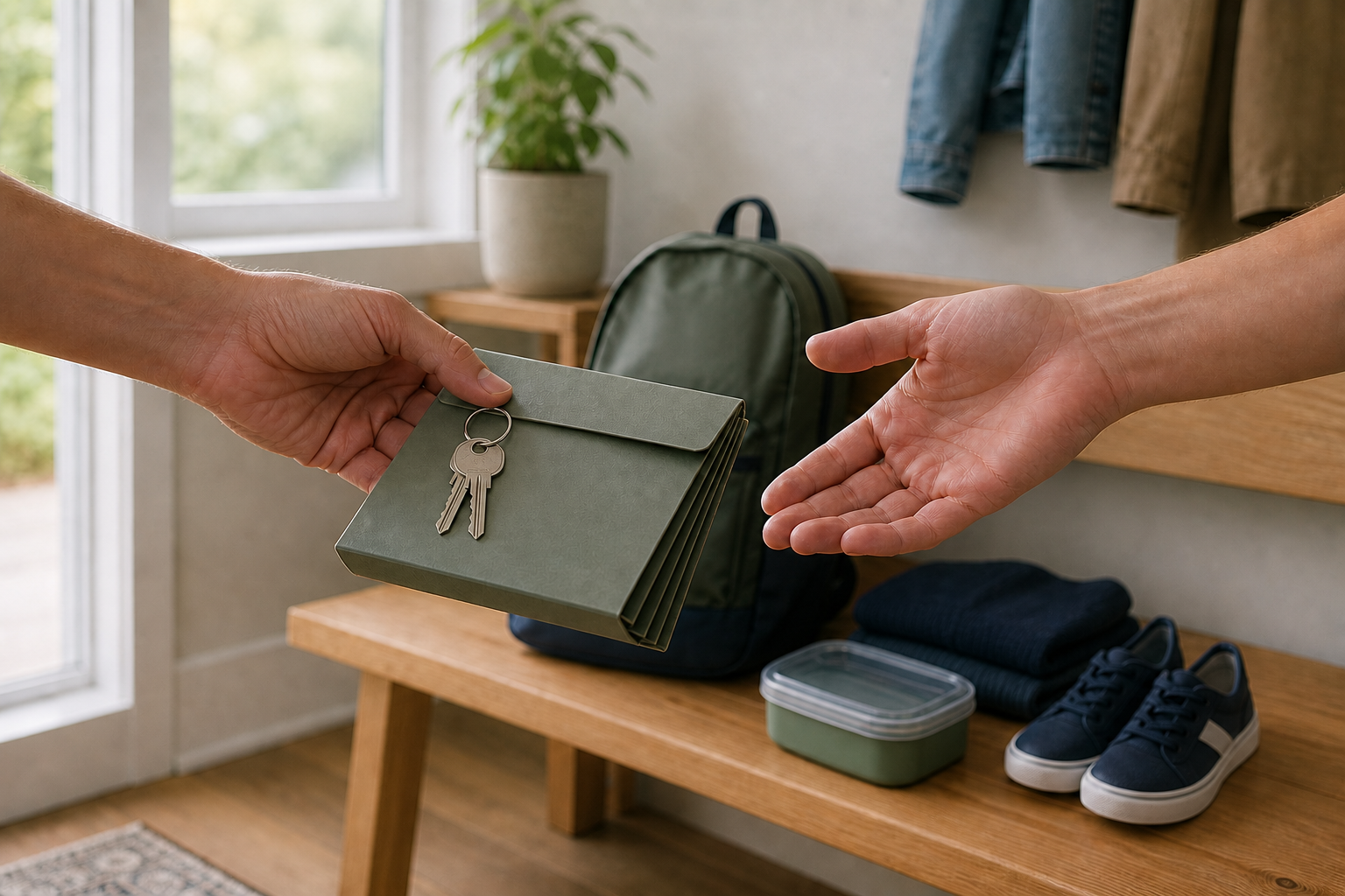 One adult passes house keys and an unlabeled folder to another beside a child's packed everyday belongings.
