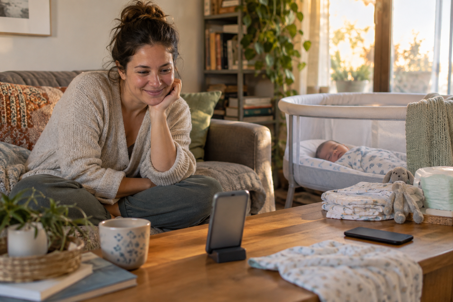 A mother has a video call from her sofa while her infant sleeps in a bassinet nearby.