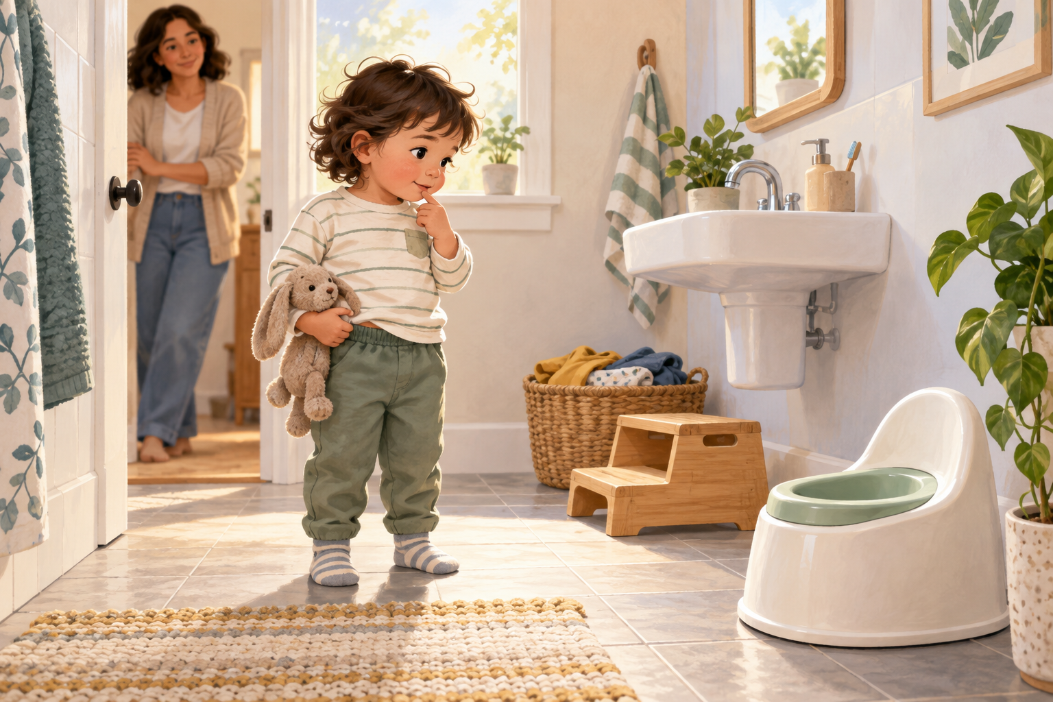 A fully clothed toddler notices a child-sized potty while a caregiver waits calmly nearby.