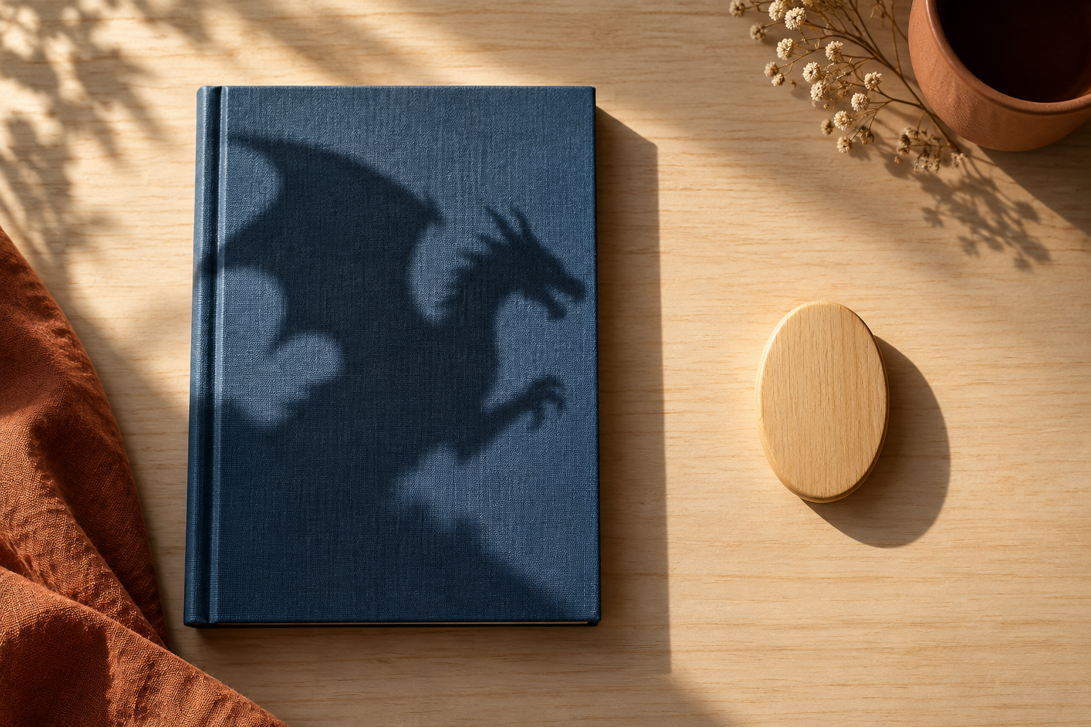 An unmarked storybook and a separate blank wooden token sit on a desk while a theatrical shadow falls only across the book.