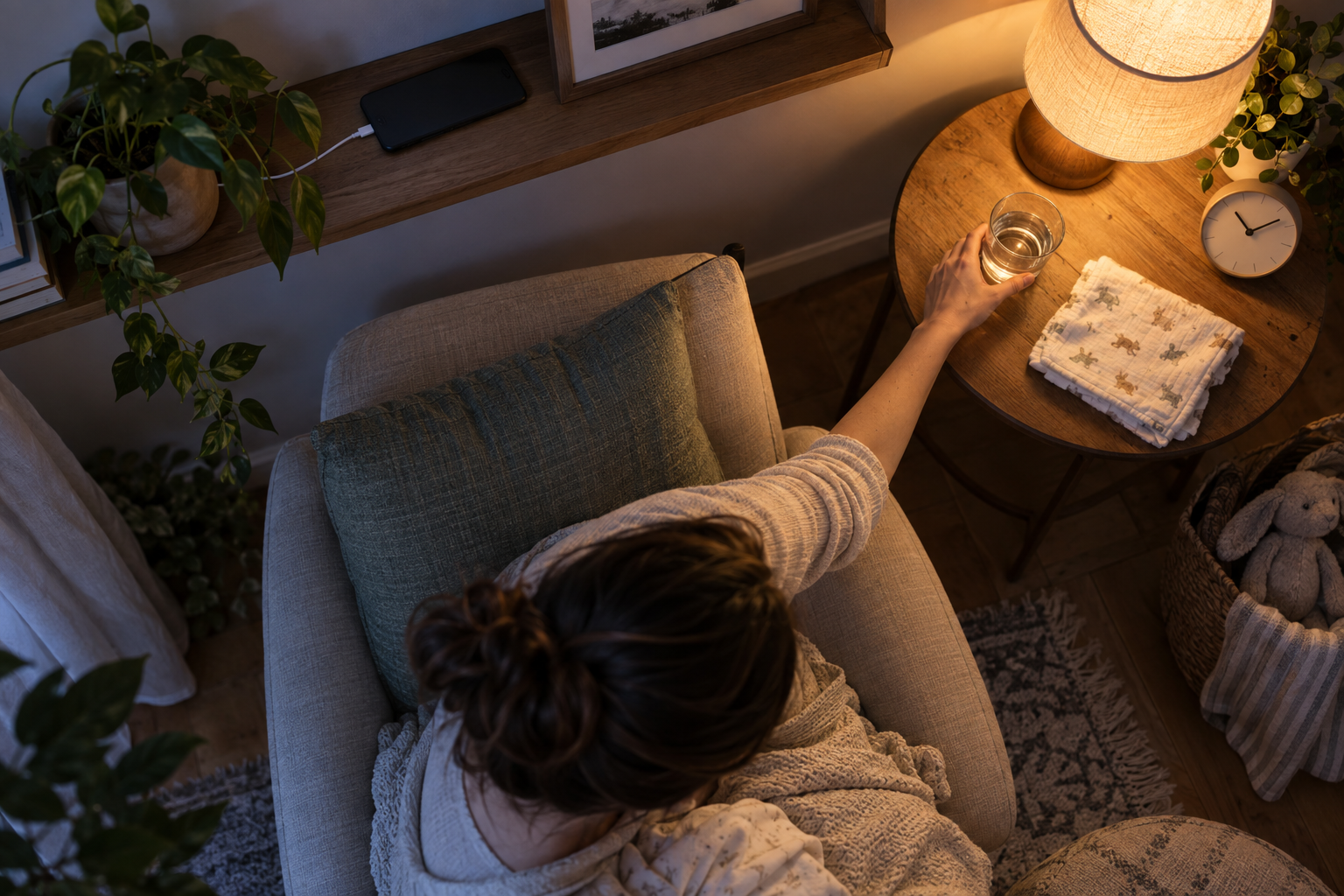 A phone charges face down on a shelf while a mother reaches for water beside a nursing chair and baby supplies.