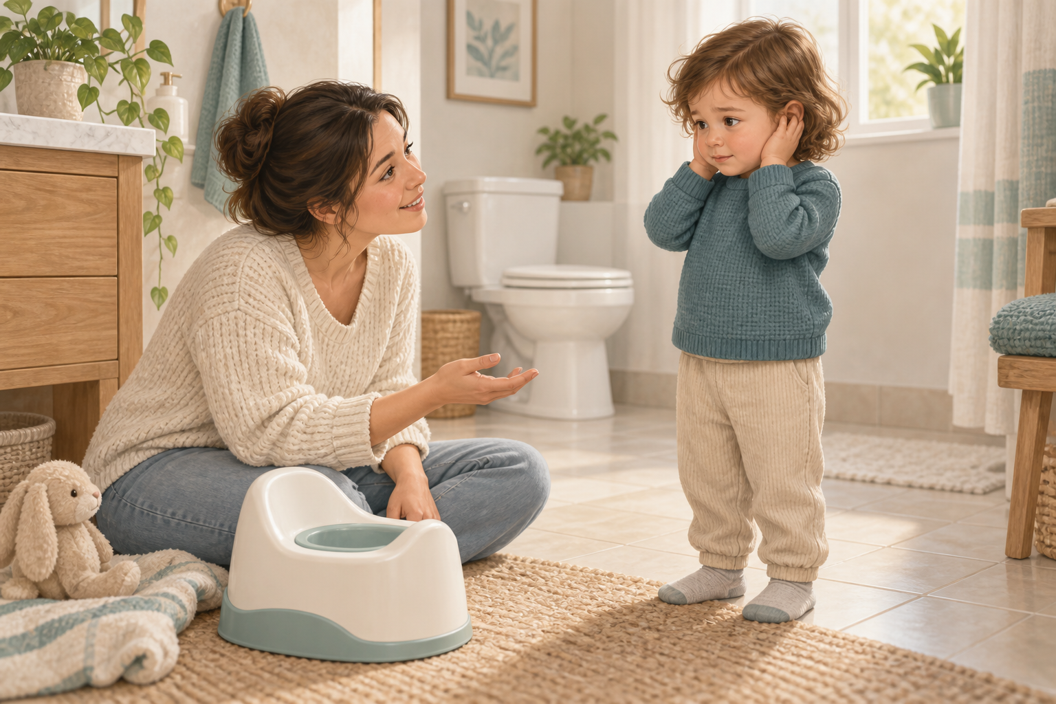 A caregiver reassures a toddler who appears uneasy near a closed toilet in a home bathroom.