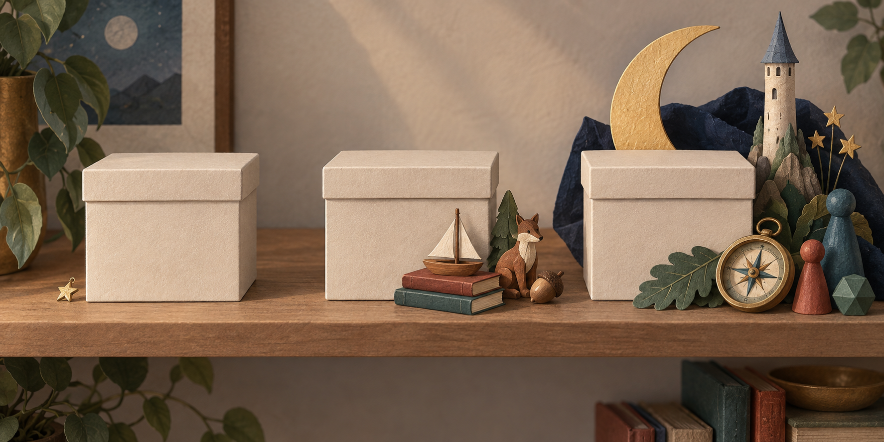 Three blank keepsake boxes are paired with increasingly elaborate clusters of generic story-inspired objects.