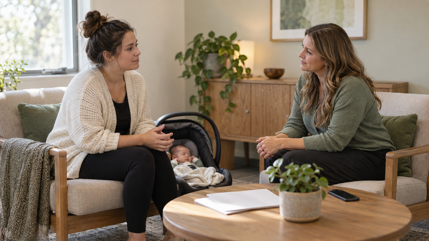 A postpartum mother talks with a clinician in a quiet consultation room while an infant carrier rests beside her.