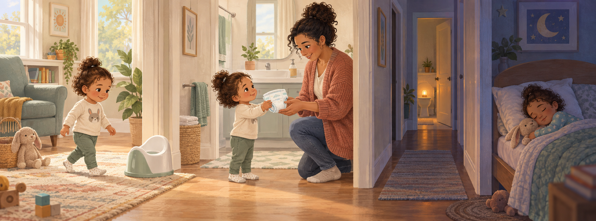 Three home scenes show a toddler using a potty by day, requesting a clean diaper, and sleeping peacefully at night.