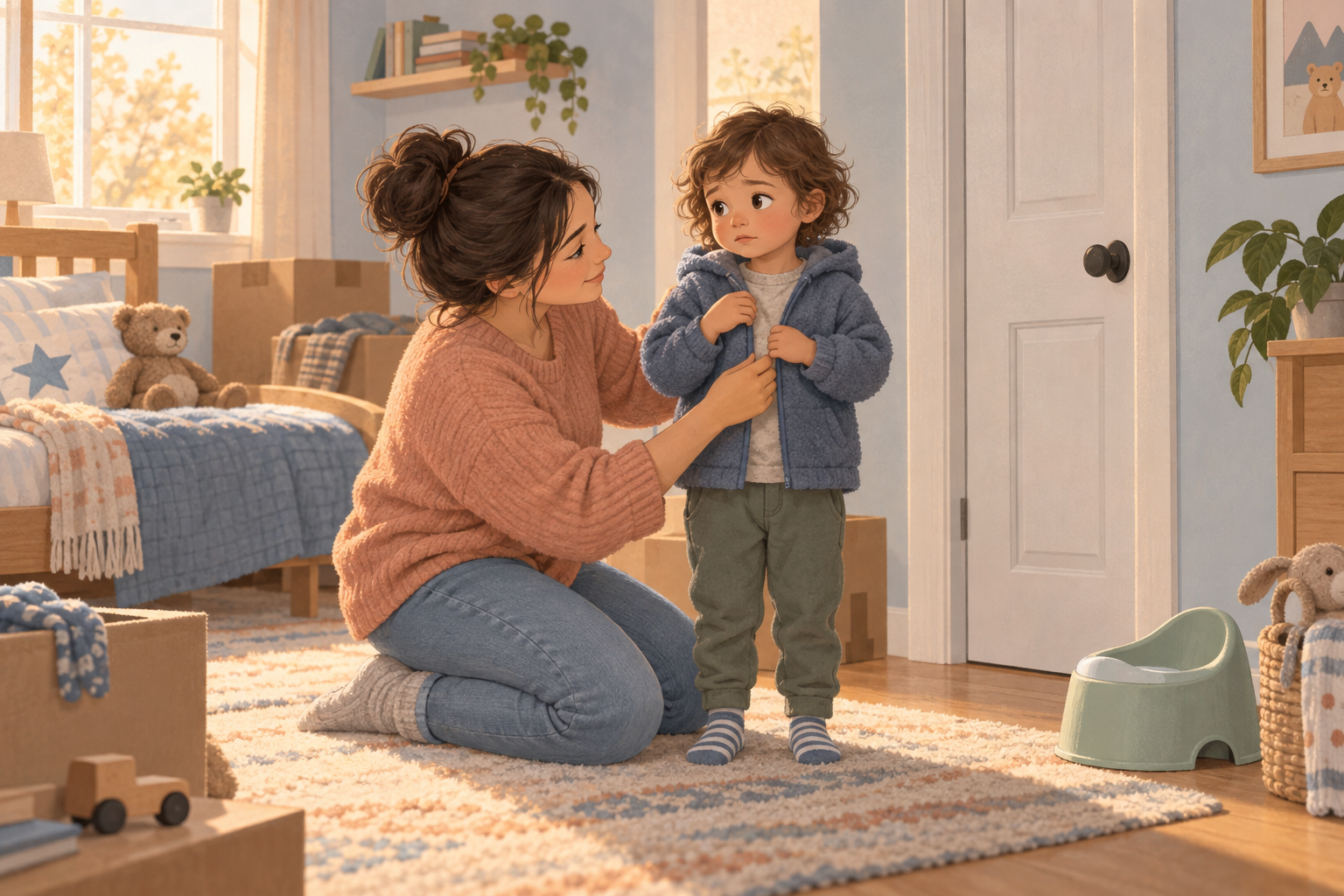 A caregiver calmly helps a toddler change clothes during a household move, with a training potty nearby.