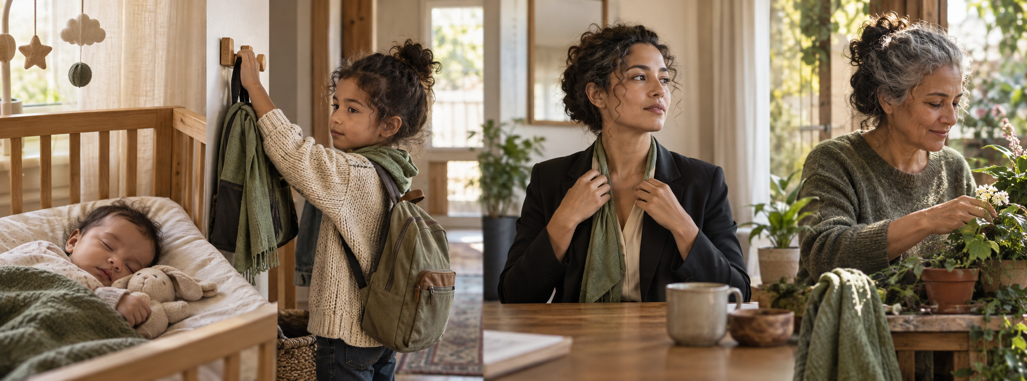 The same person is shown as a baby, school-age child, young professional, and older adult in ordinary daily settings.