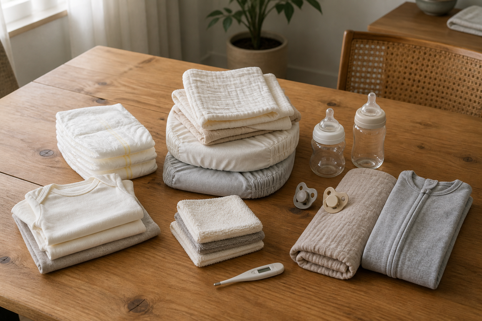 Newborn basics in a central group beside small trial selections of bottles, pacifiers, and swaddles on a dining table.