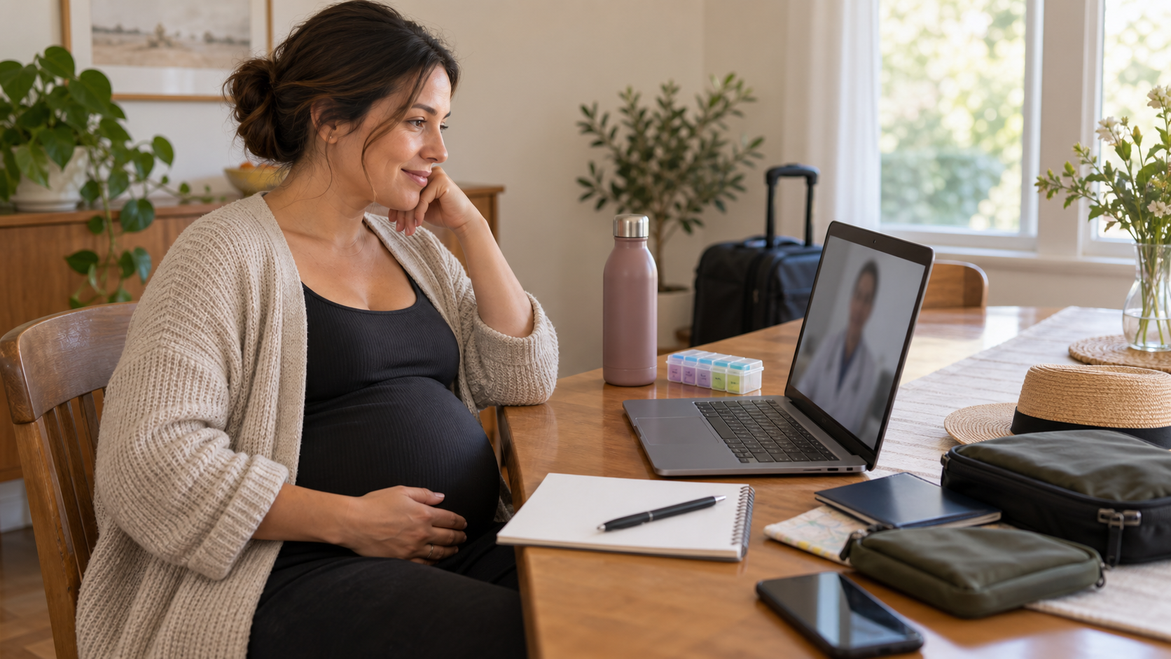 A pregnant woman sits at home with travel essentials while speaking to a health professional by video call.