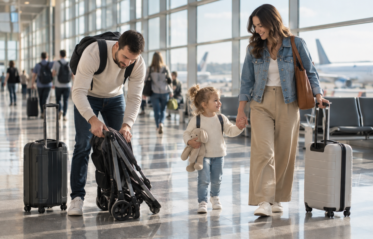 Parents fold a compact stroller beside their child and carry-on luggage in a bright airport terminal.