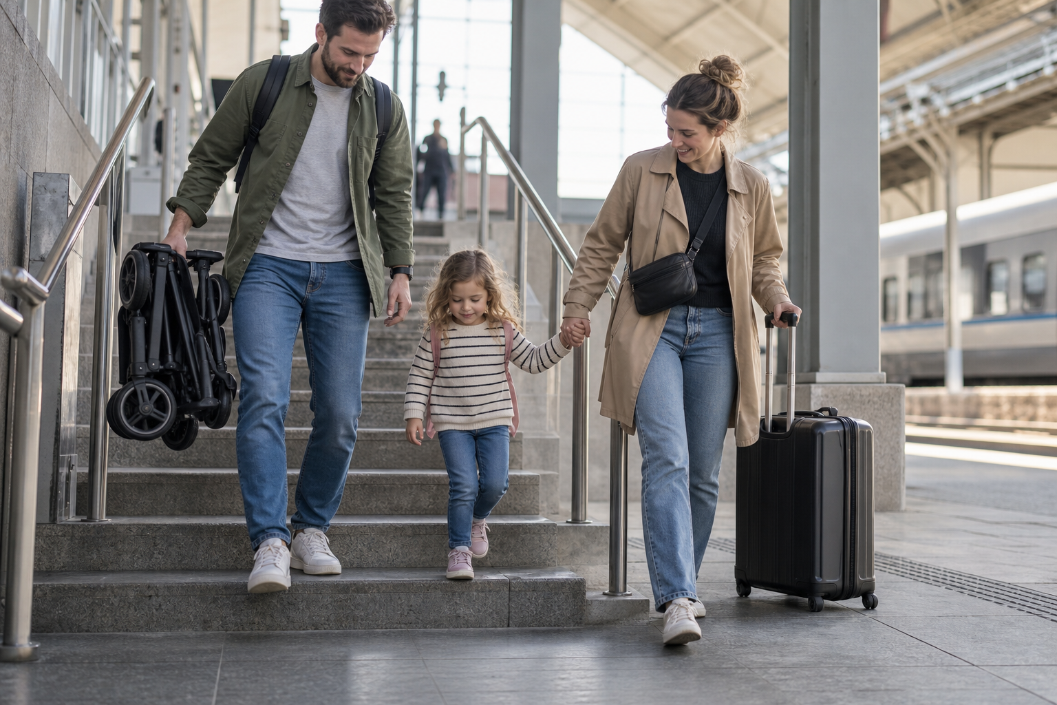 A parent carries a folded stroller down station steps while another adult walks with a young child.