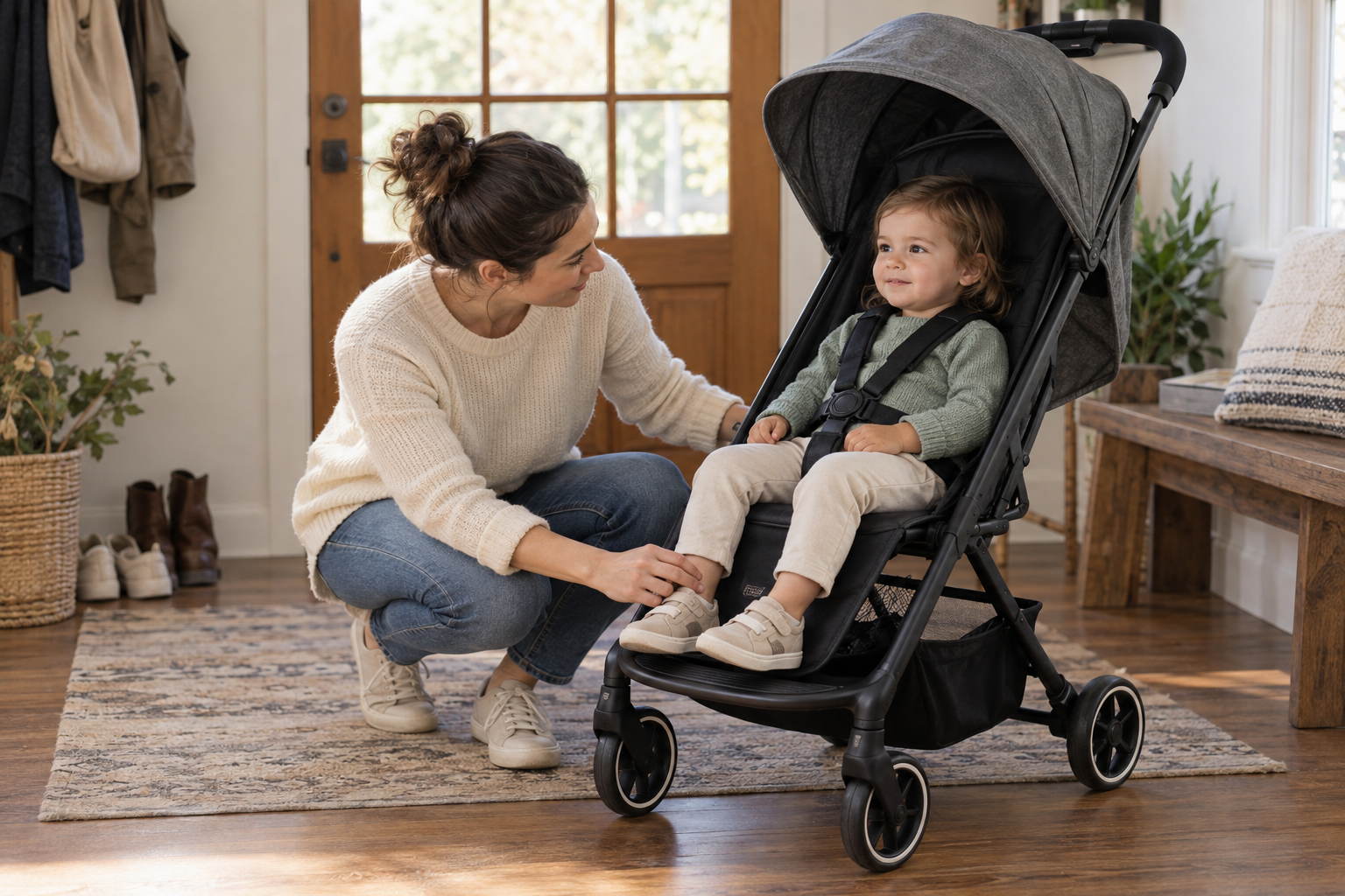 A parent checks a child's harness, posture, leg room, and canopy coverage in a compact stroller.