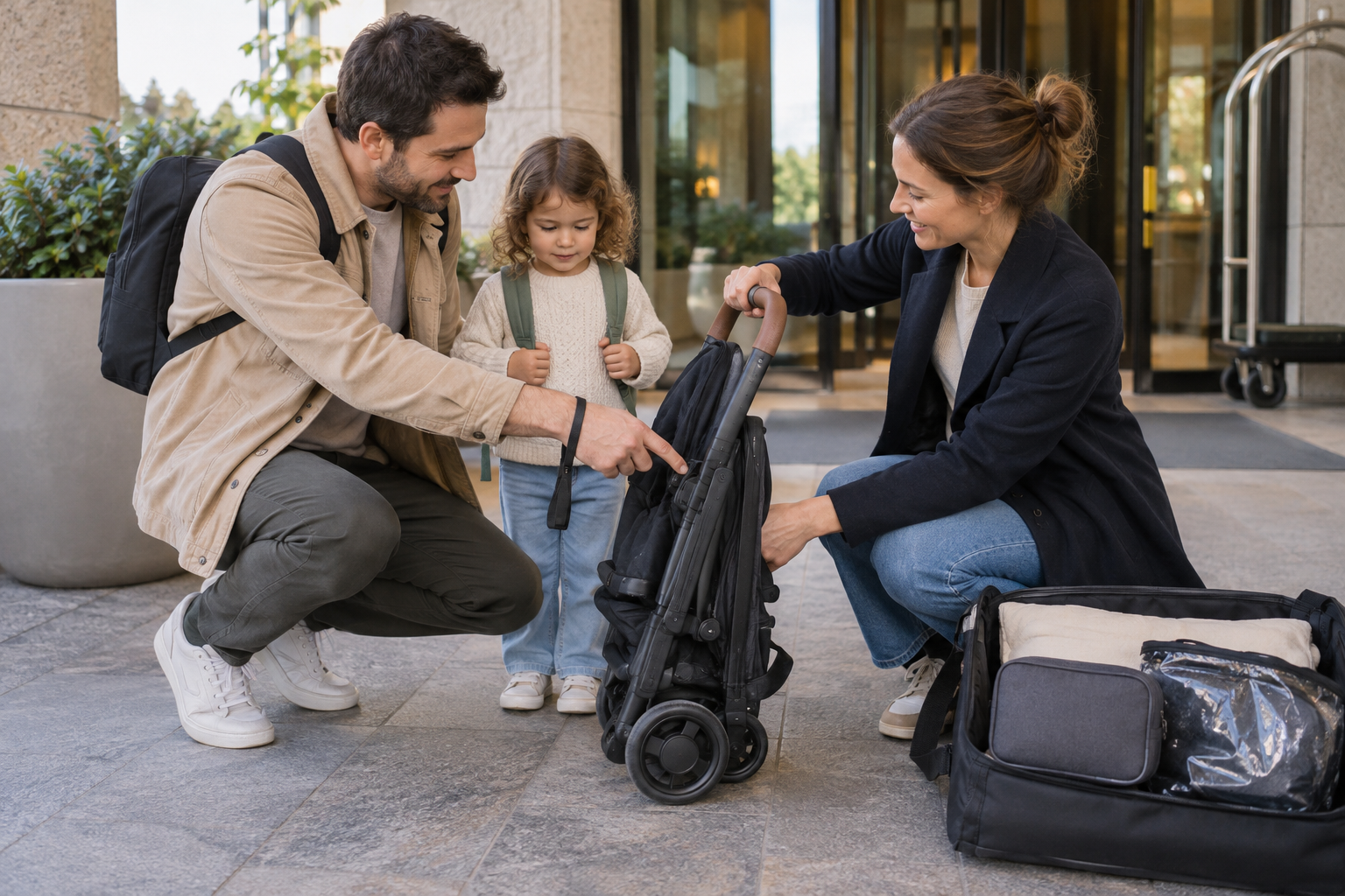 Two caregivers review a compact stroller's fold release and accessories during a handoff at a hotel entrance.