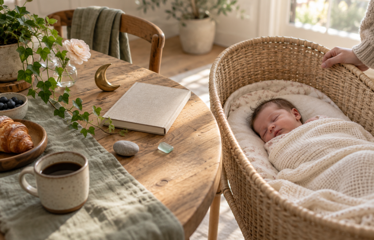 A sleeping newborn in a cream wrap beside a sunlit breakfast table decorated with ivy, a moon ornament, a closed book, a flower, sea glass, and a smooth stone.
