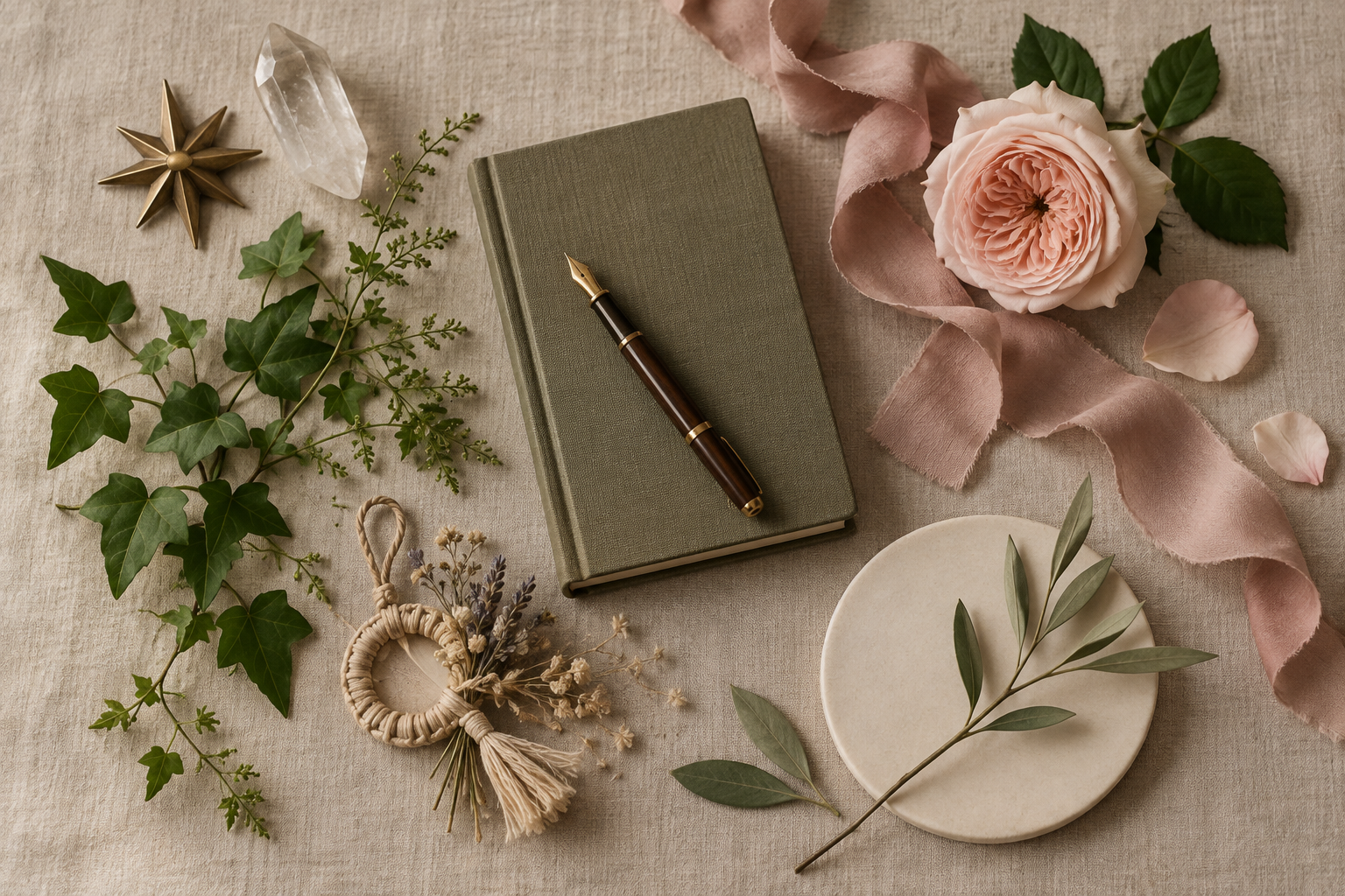 An overhead still life with celestial, botanical, literary, romantic, bohemian, and minimalist objects arranged in separate clusters on neutral linen.