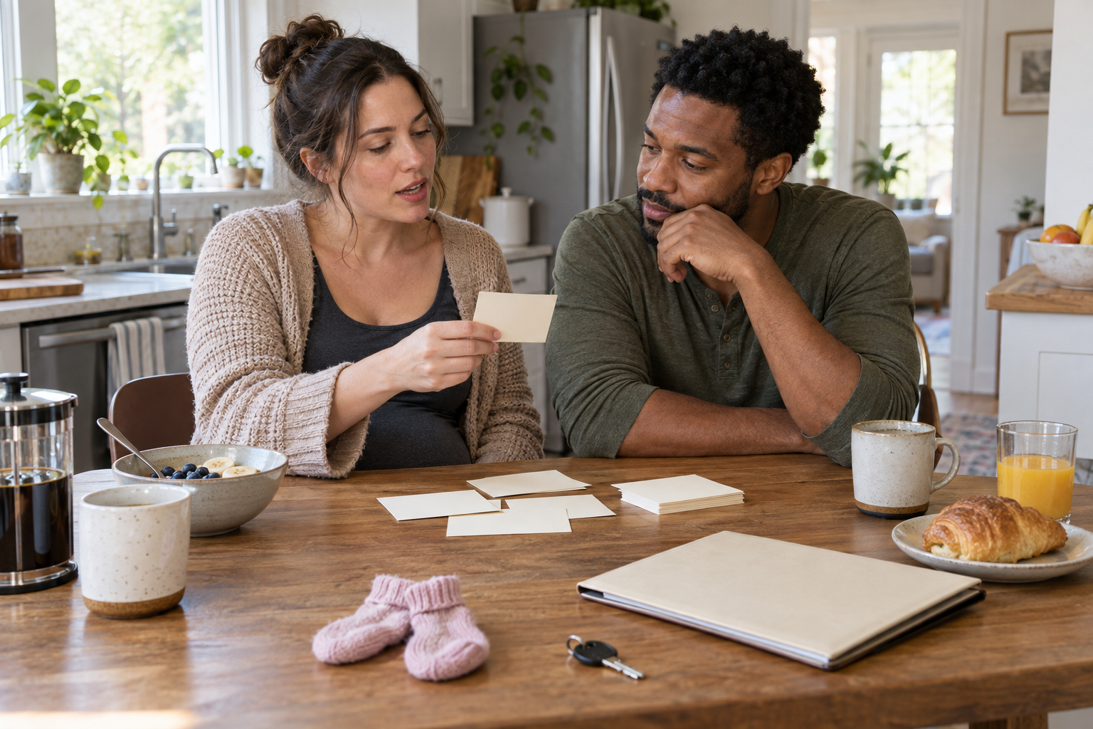 Two expectant parents discuss blank name cards at a kitchen table with breakfast dishes, an appointment folder, house keys, and baby socks nearby.