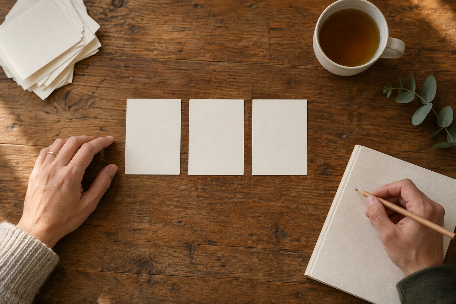 Three blank ivory cards arranged in a row on a wooden table, with a larger discarded stack, two adult hands, a pencil, tea, and greenery.