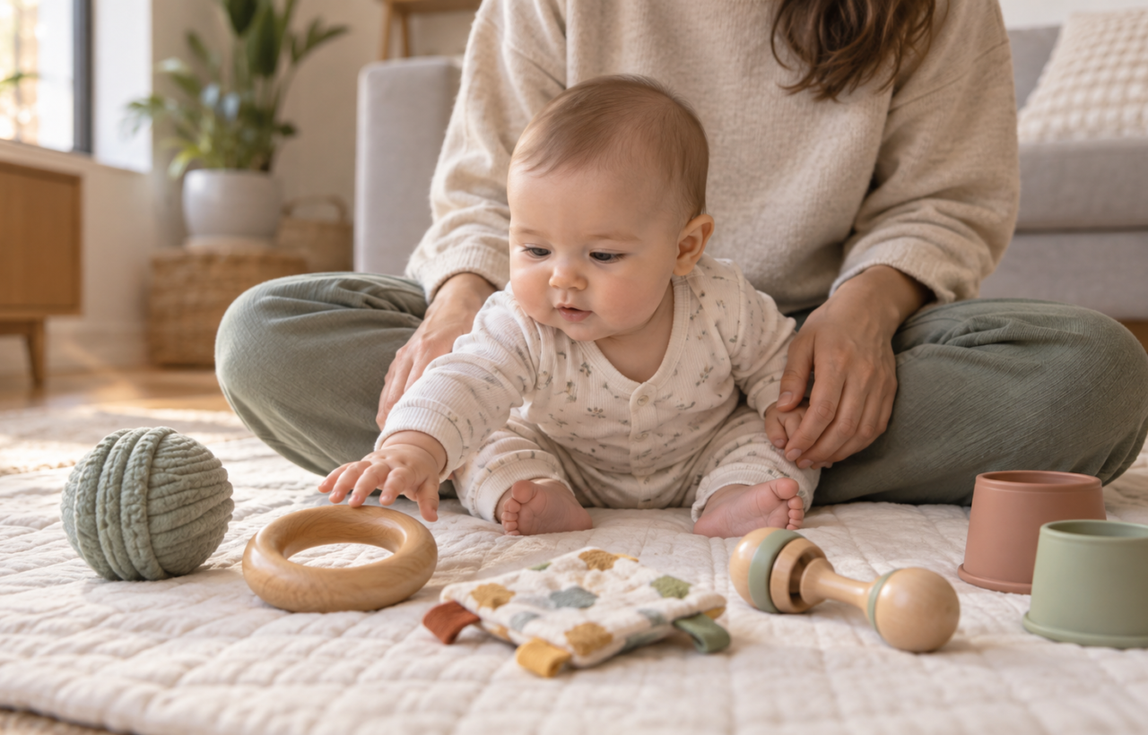 A six-month-old baby reaches for simple sensory and grasping toys while sitting with a caregiver's support on a play mat.