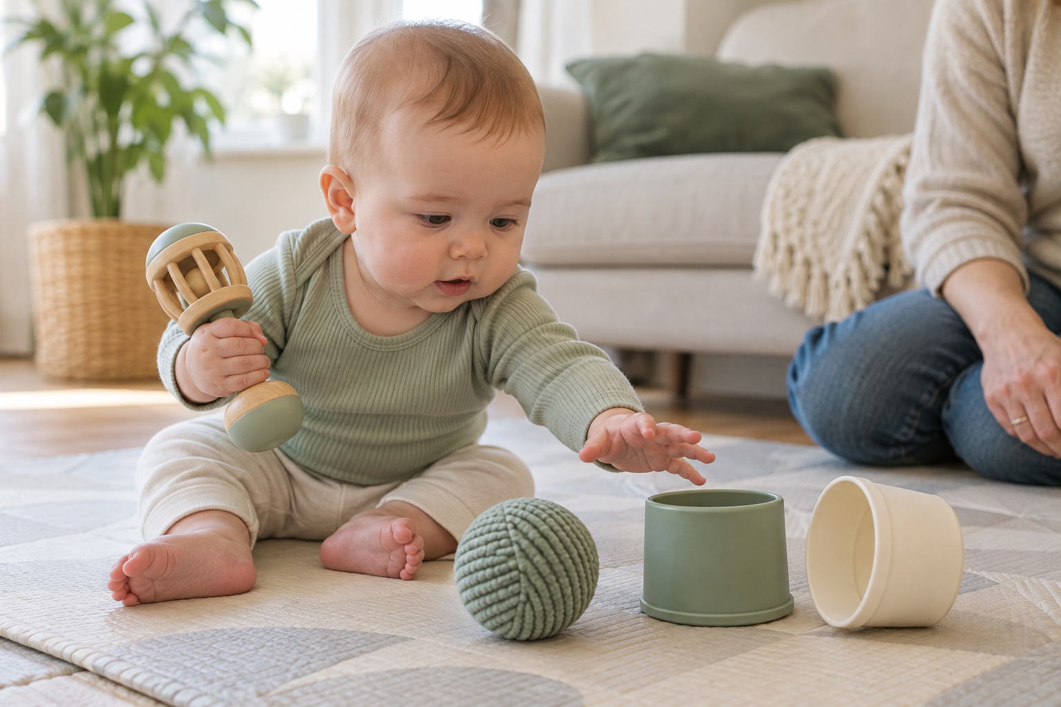 A baby grasps a rattle beside a textured ball and wide nesting cups arranged for reaching, shaking, and knocking over.