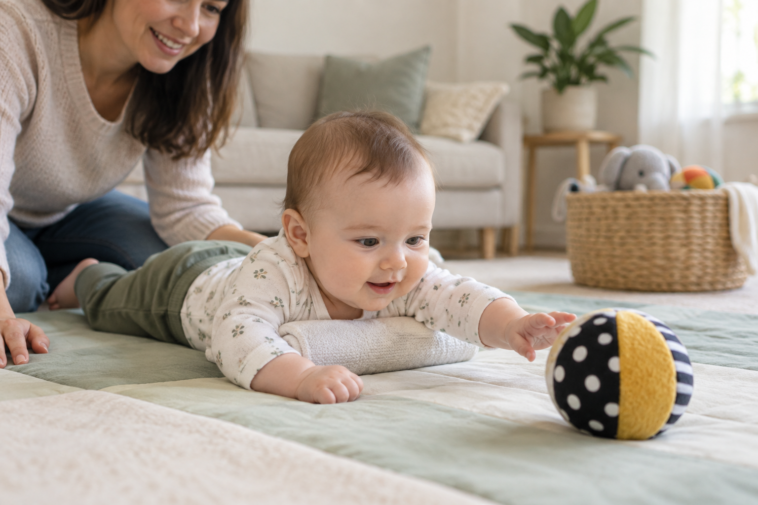A caregiver supervises a baby during supported tummy time with one soft toy placed within easy reaching distance.
