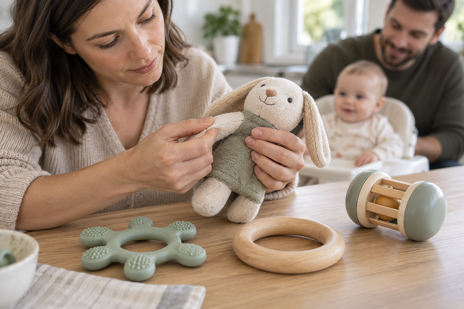 A caregiver checks the seams and surfaces of several large baby toys while another adult supervises the baby in the background.