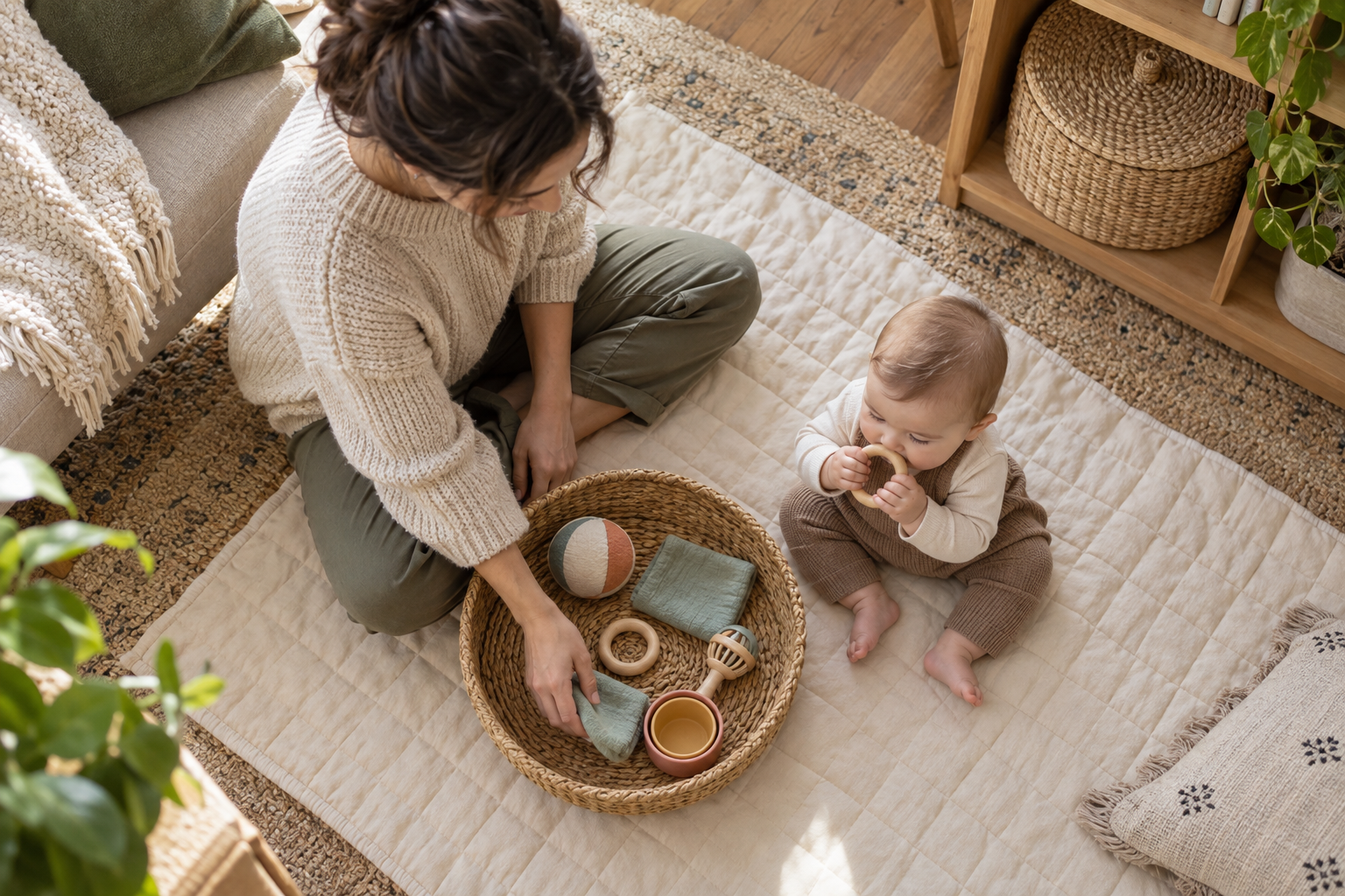 A caregiver arranges a small selection of baby toys in an open basket while the baby plays on a nearby mat.