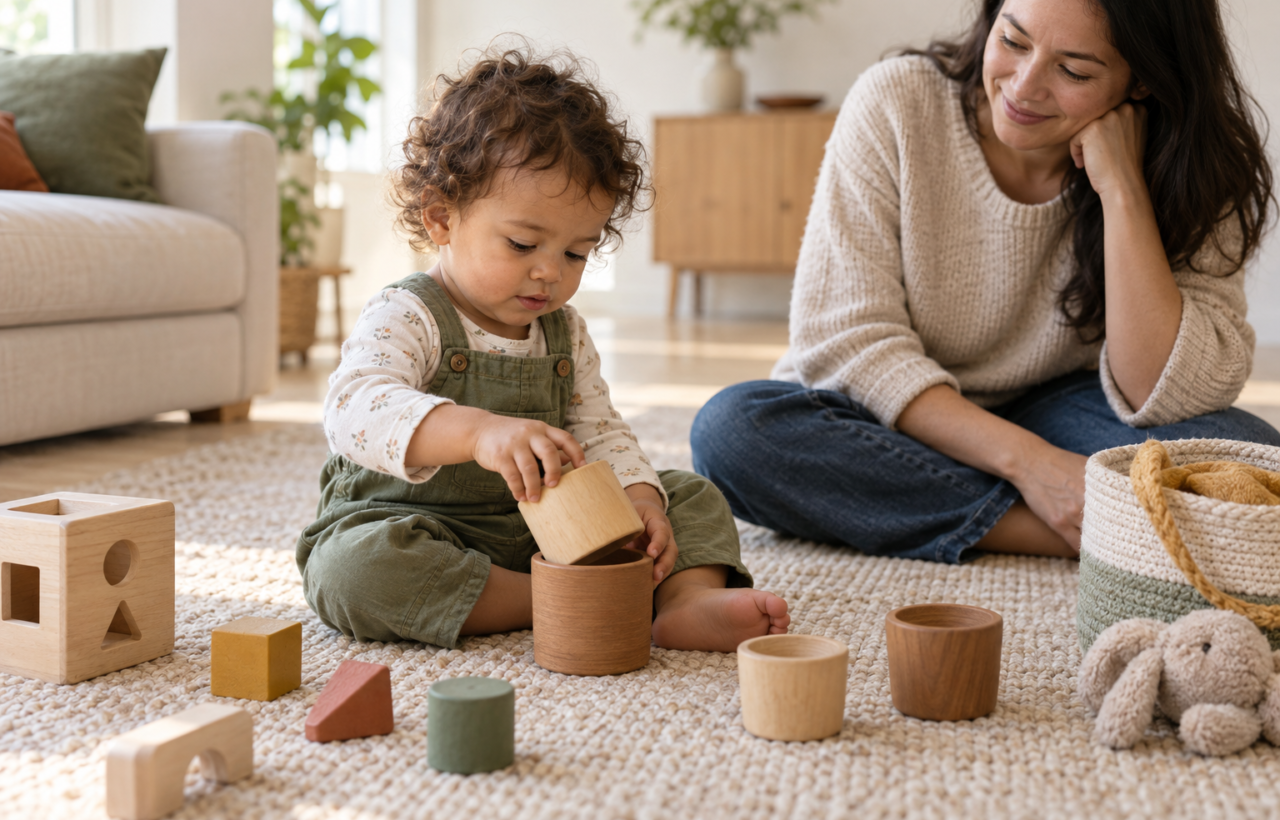 A toddler nests large wooden cups on a living room rug while a parent watches nearby among a few simple toys.
