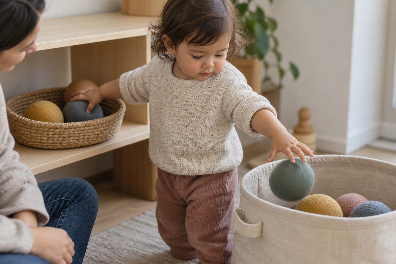 A standing toddler moves large fabric balls from a basket into a wide container while an adult observes nearby.