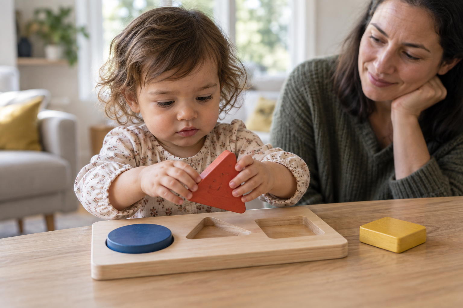 A toddler rotates a large puzzle piece over a three-piece wooden shape board as a caregiver sits nearby.