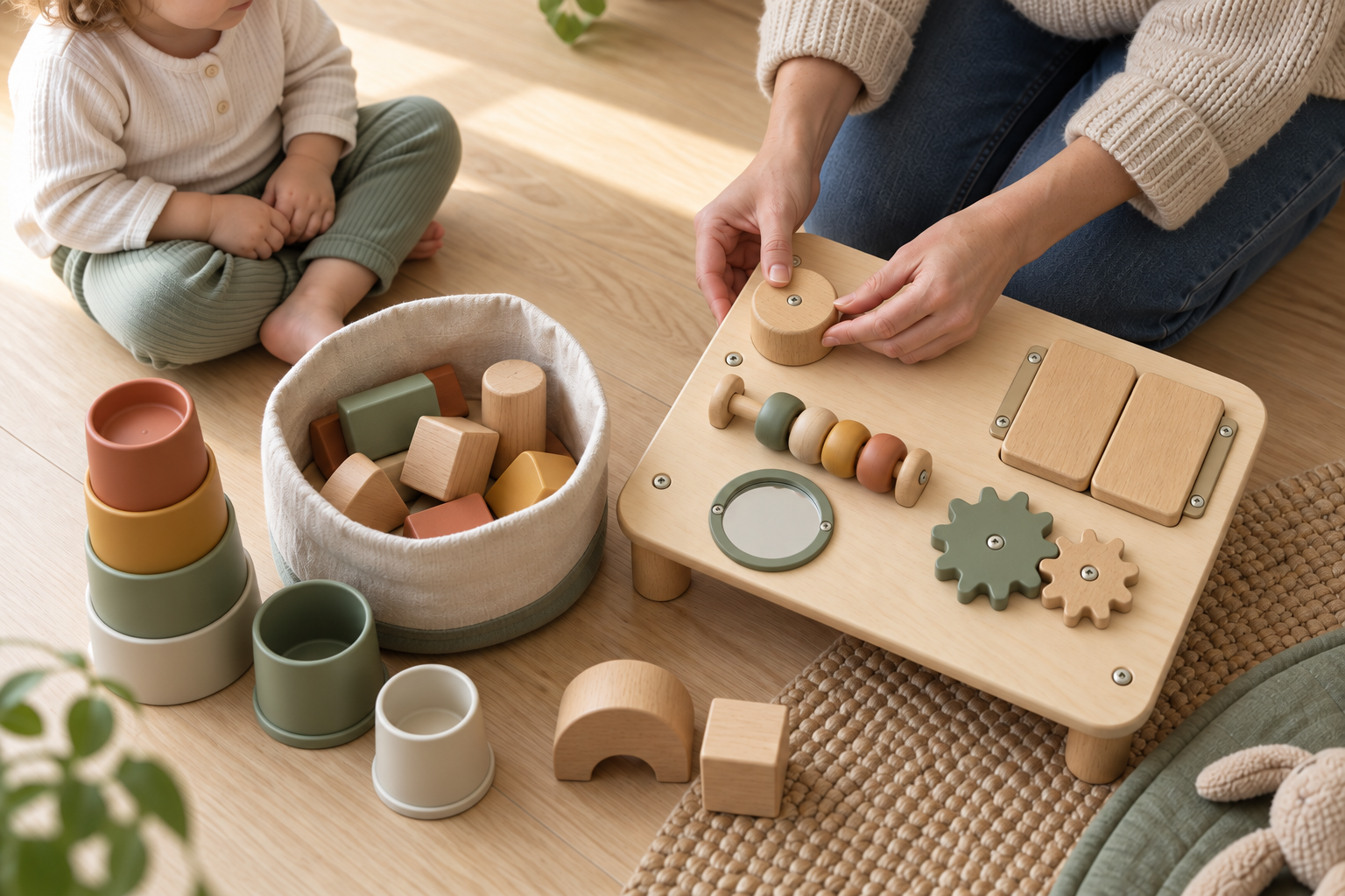 An adult checks a large wooden toy piece beside rounded blocks, stacking cups, and a cloth basket while a toddler waits nearby.