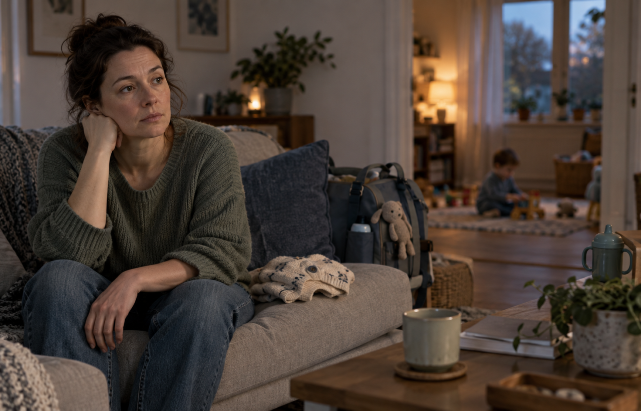 A tired parent sits still on a sofa while a young child plays in the softly blurred background among everyday caregiving items.