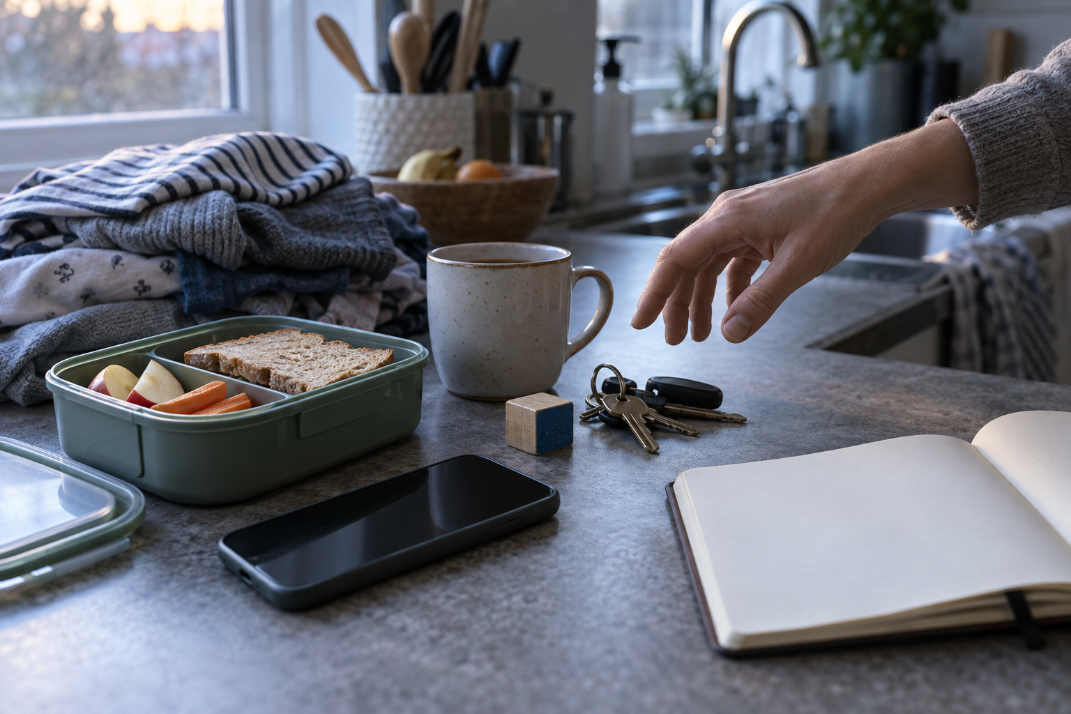 A parent's hand hovers over keys and a mug on a crowded counter with lunch supplies, laundry, a phone, and a toy.