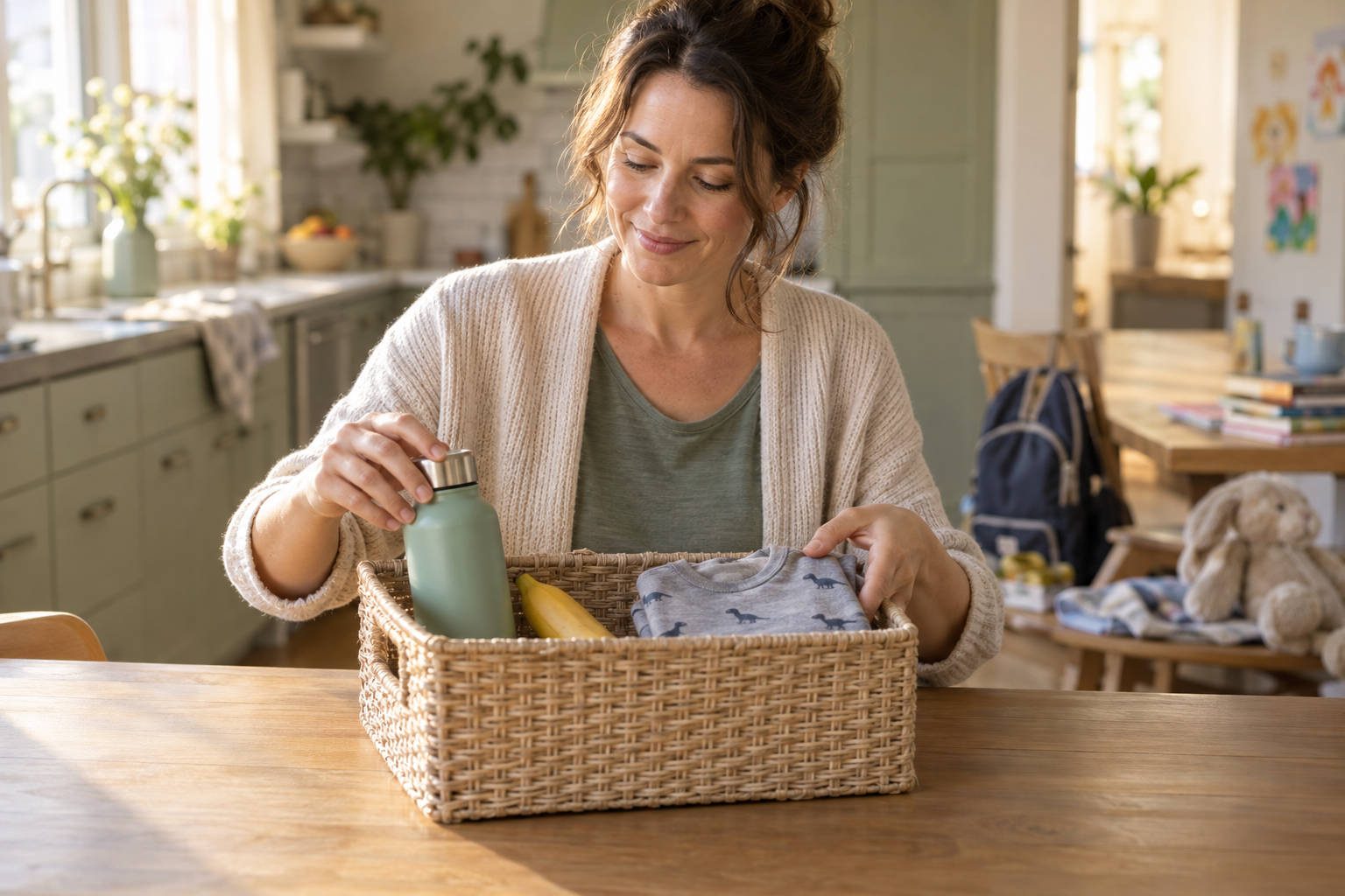 A parent places a water bottle, snack, and child's garment into a small basket while other household tasks remain in the background.