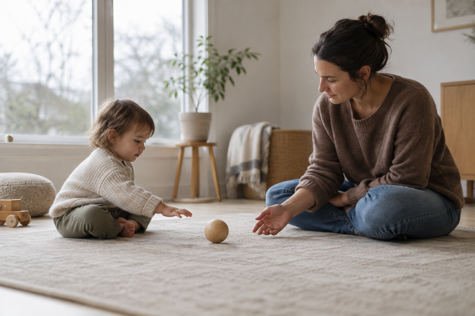 A parent and young child sit together on the floor and quietly roll a wooden ball between them.
