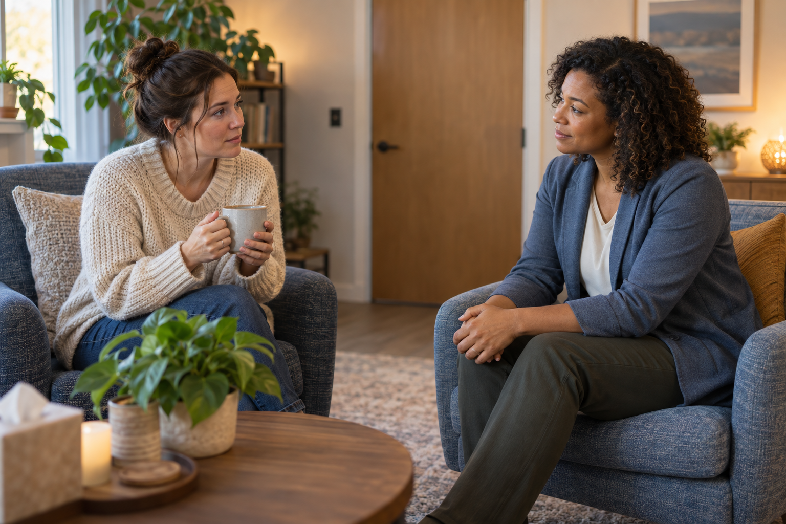 A parent speaks with a mental health professional in a private room with soft chairs, a plant, and natural light.
