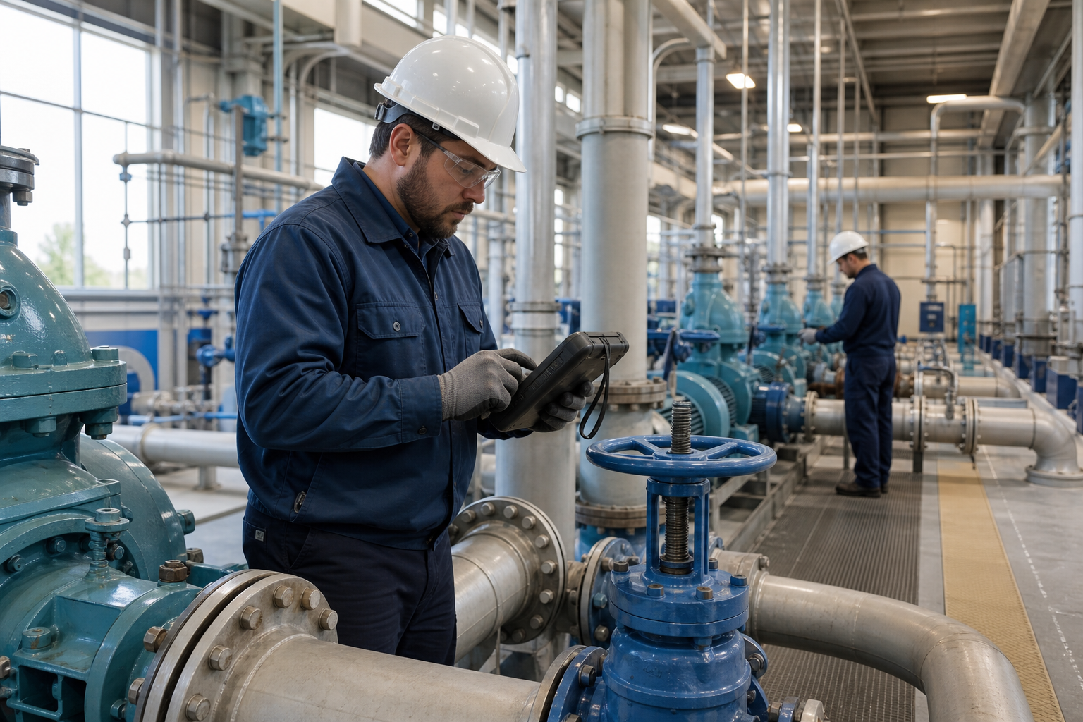 A water-treatment maintenance technician inspects pumps and pipes inside a municipal utility facility.