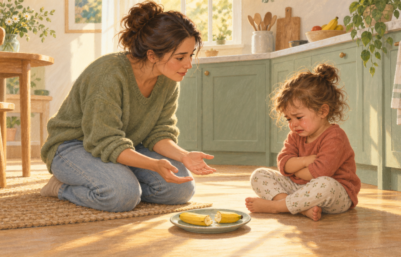 A caregiver kneels calmly beside a crying toddler after a banana has broken in a sunlit kitchen.