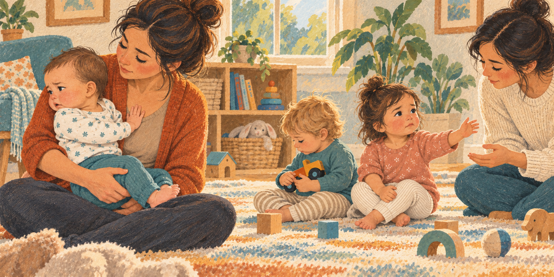 A baby turns away while being held, and a disappointed toddler reaches toward a caregiver after another child takes a toy.