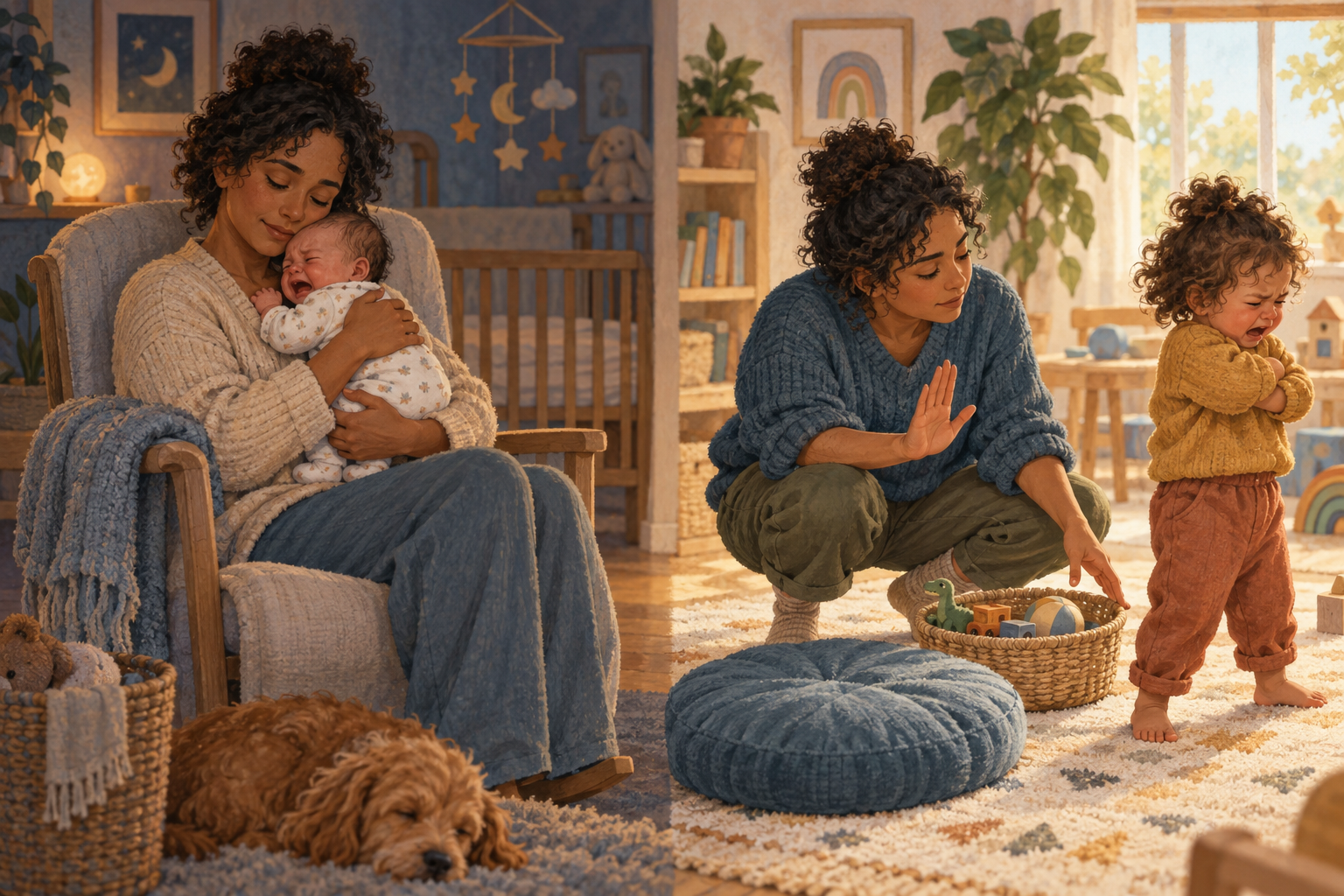 A caregiver soothes a crying baby by holding them and offers an upset toddler two safe choices in a nearby play area.