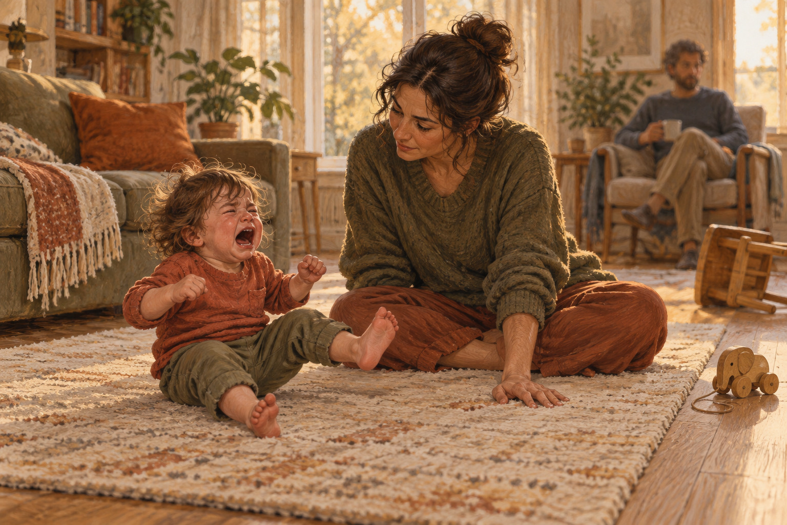 A calm caregiver stays near a crying, kicking toddler after moving hard objects out of the child's reach.