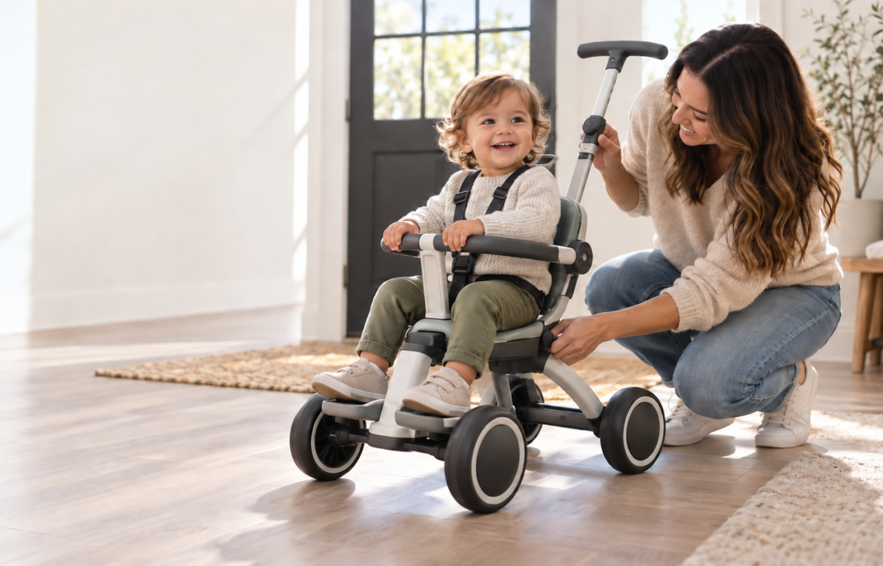 A parent adjusts an unbranded convertible ride-on while a toddler sits with feet supported and knees comfortably bent.