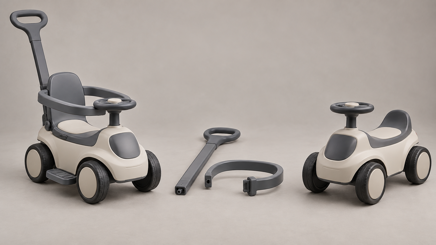 Two unbranded ride-ons show the same frame configured first with a push handle, safety rail and footrests, then as an independent foot-to-floor toy.