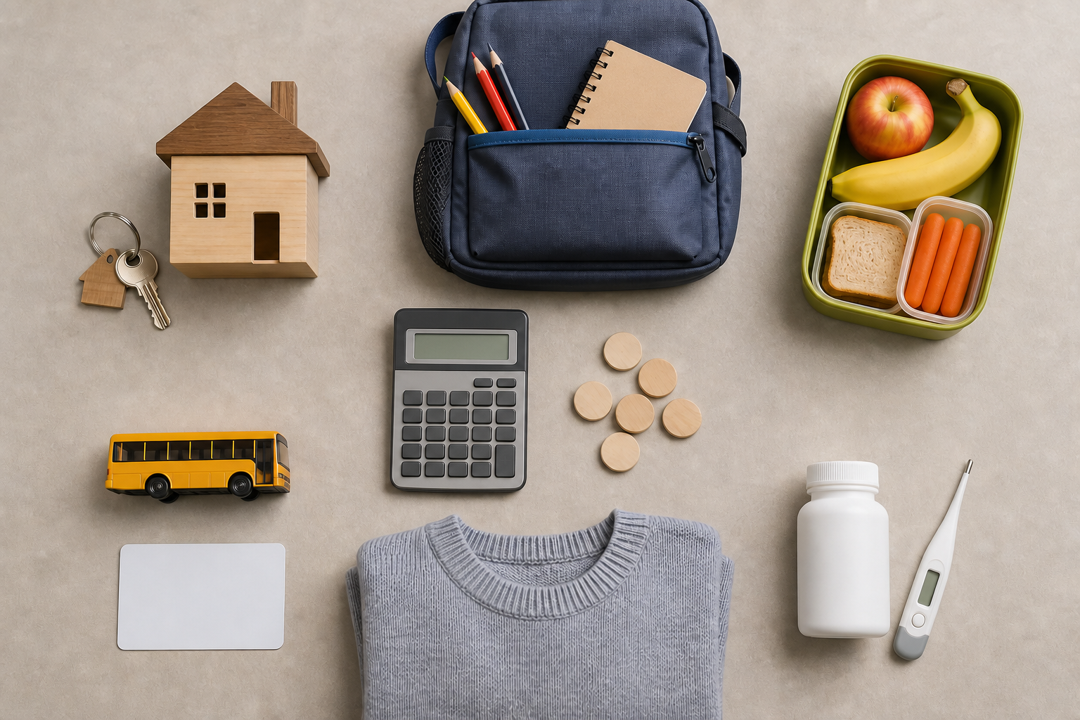 Housing, school, food, transportation, clothing, and health items are arranged around a calculator to represent a child's future expenses.