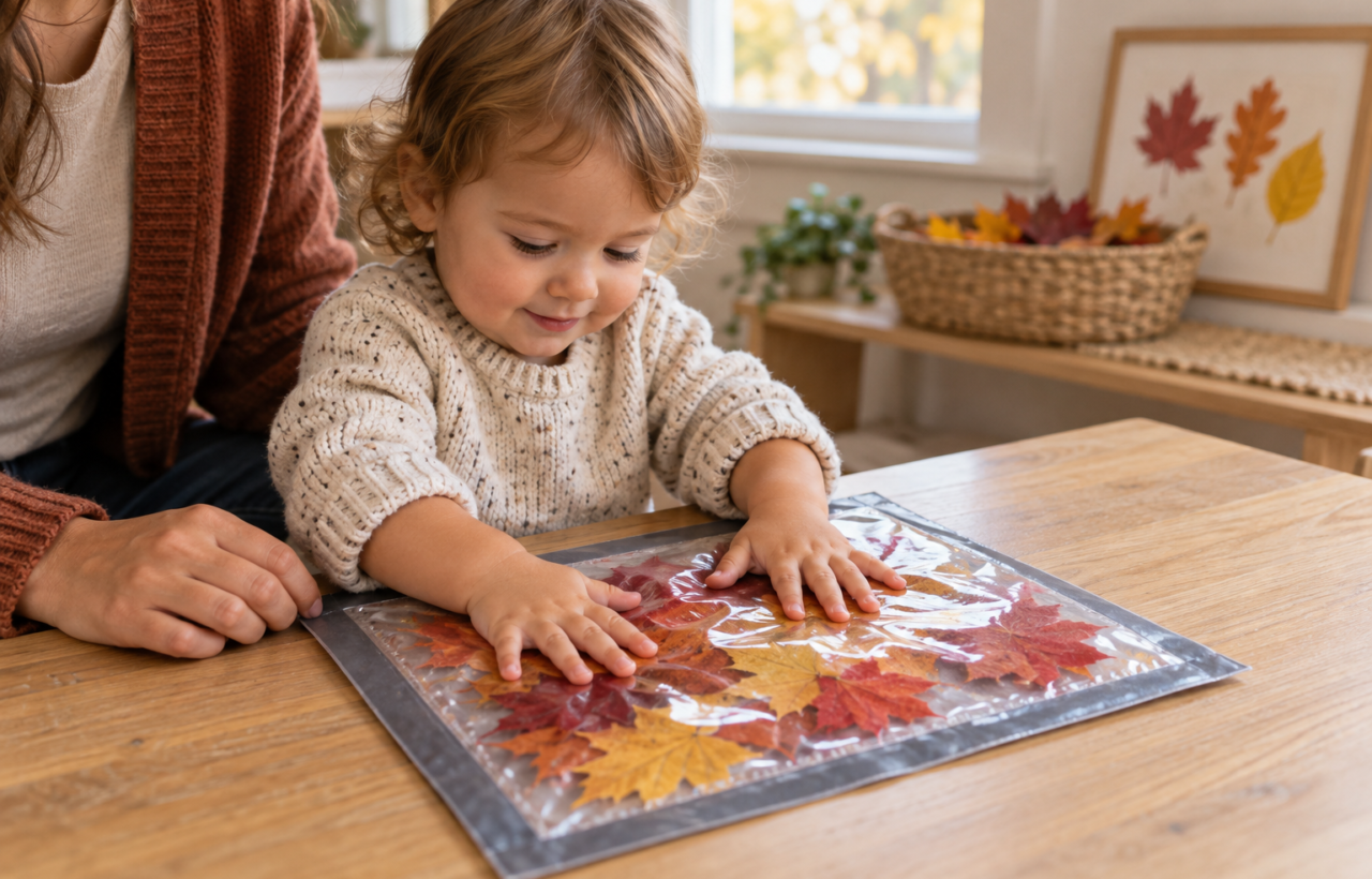 A supervised toddler presses a sealed transparent pouch filled with colorful autumn leaves at a low wooden table.