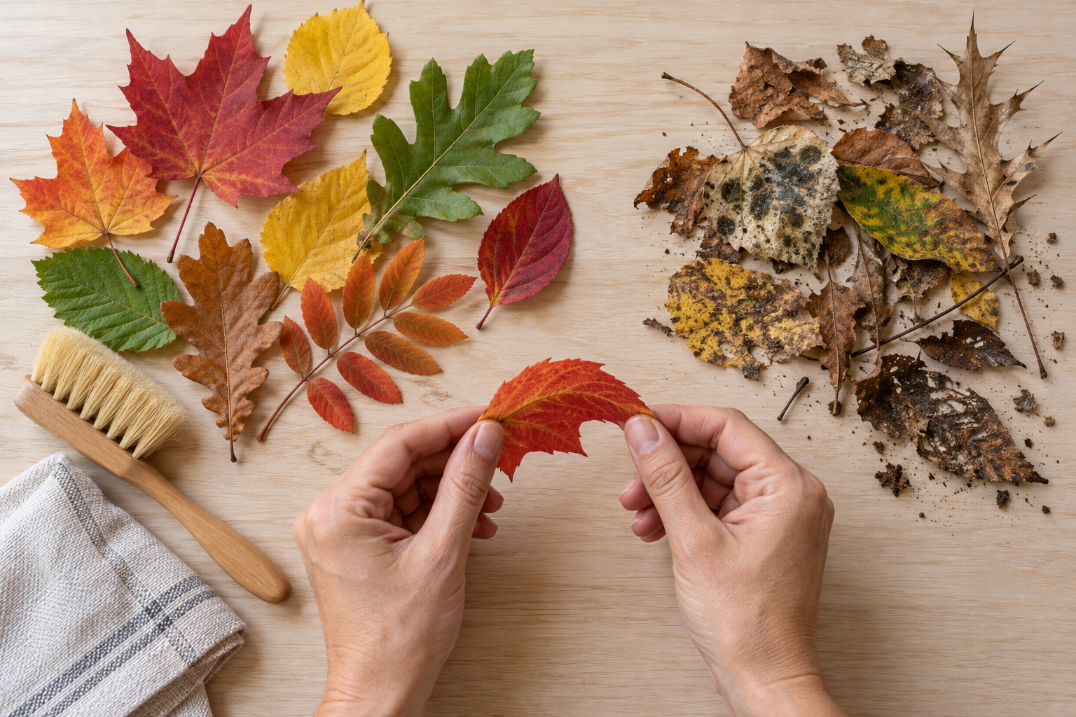 Adult hands sort clean, flexible autumn leaves away from brittle, dirty, and damaged leaves.