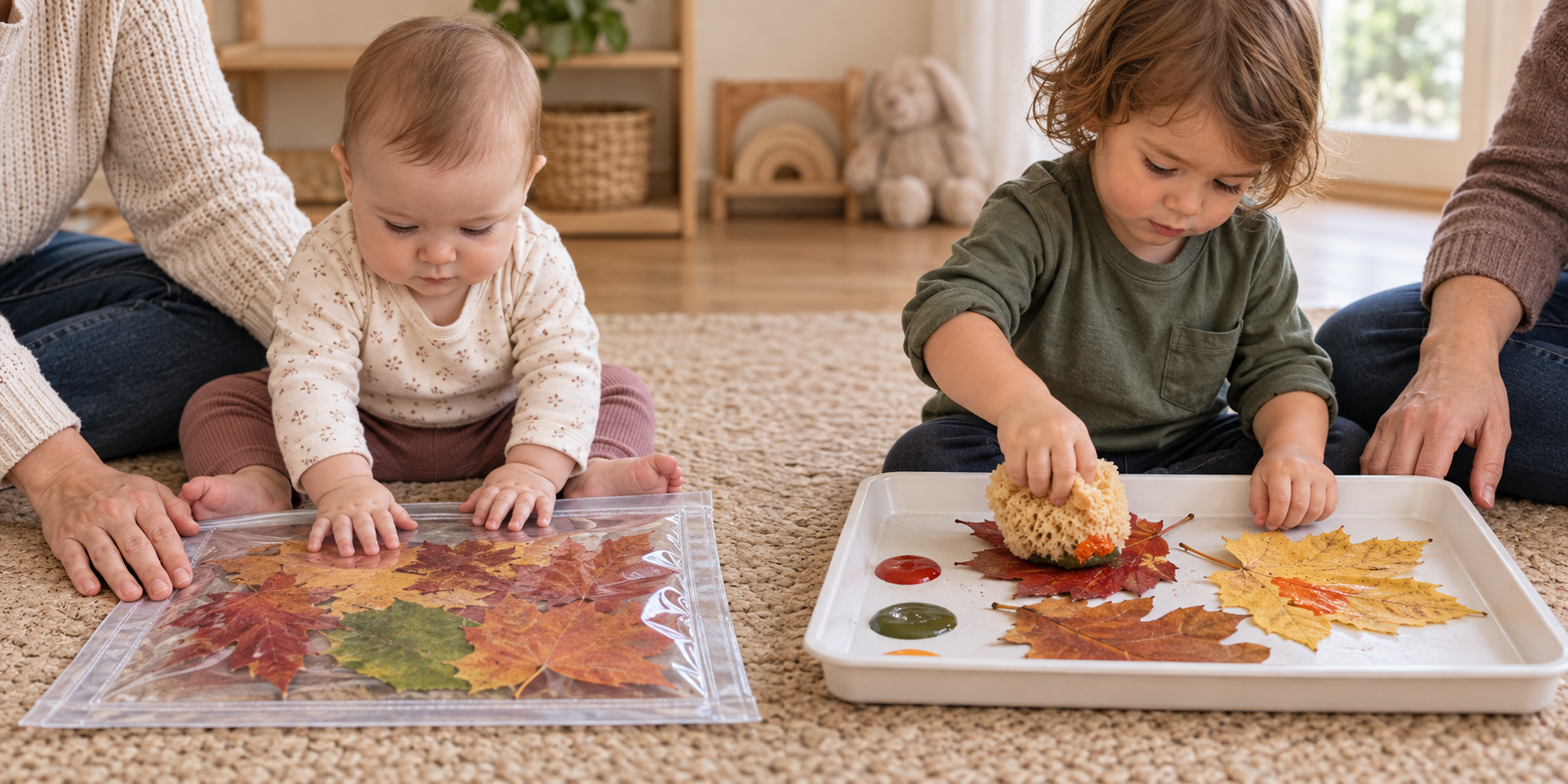 A baby explores leaves in a sealed sensory pouch while a supervised toddler uses large leaves in an open art tray.