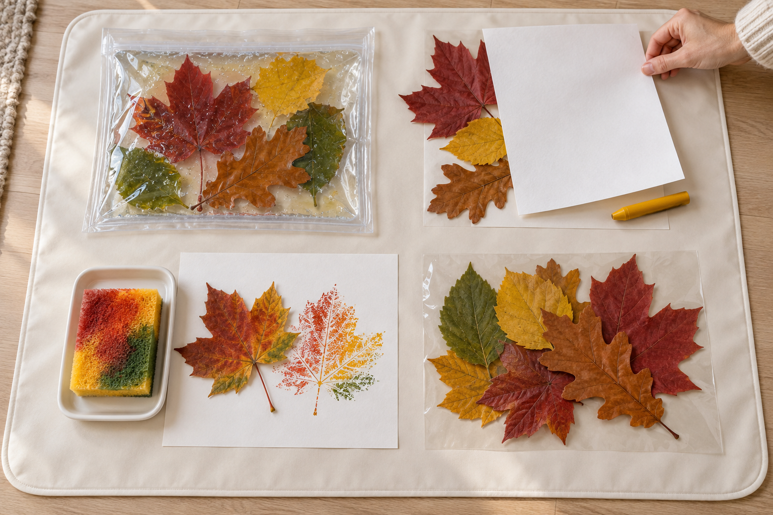 Four autumn leaf activities include a sealed sensory pouch, leaf rubbing, leaf printing, and a temporary leaf collage.