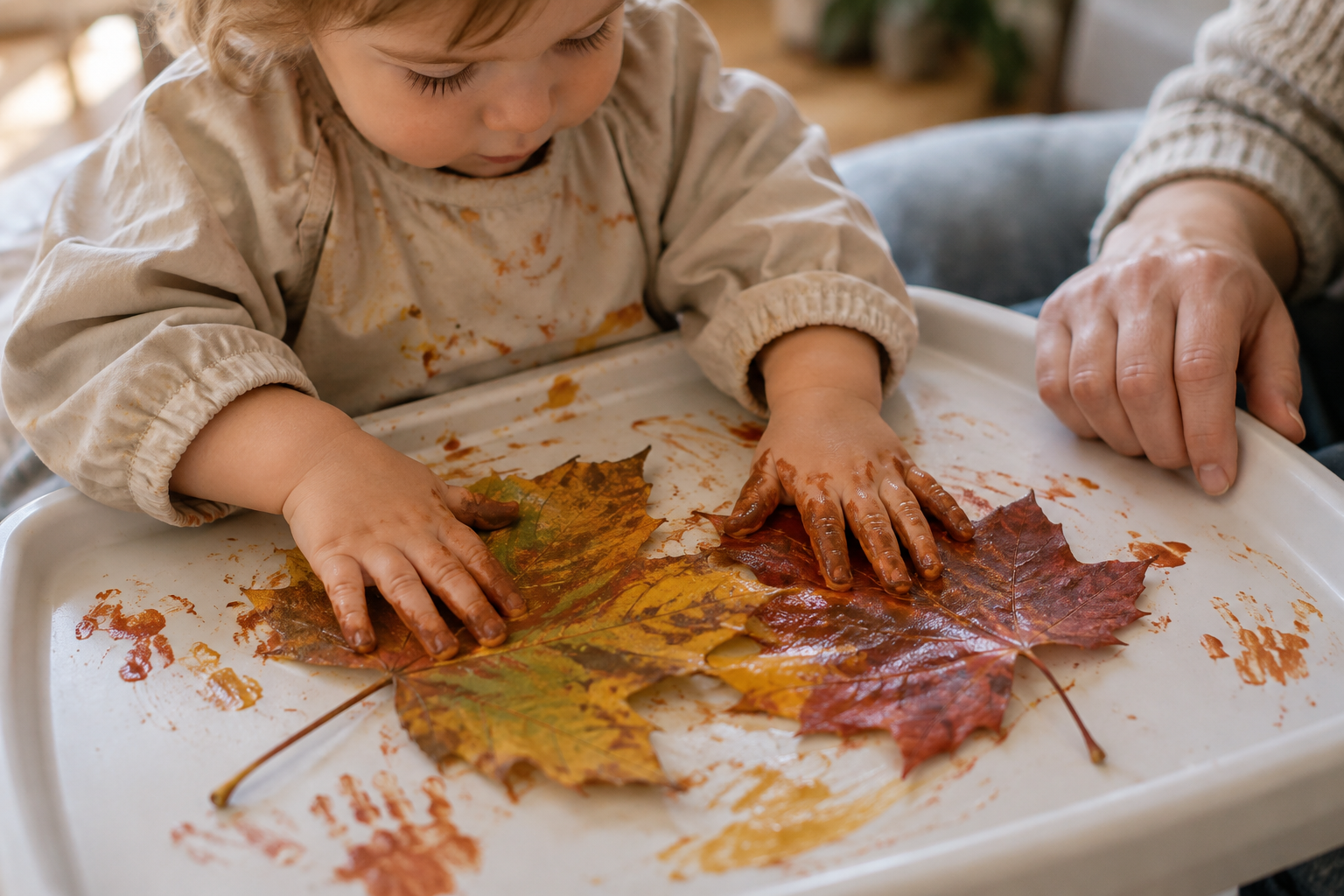 A supervised toddler explores painted autumn leaves by pressing and overlapping them on a washable tray.