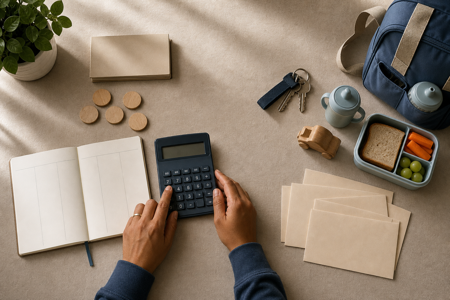 A parent uses a calculator beside a blank weekly planner, childcare items, keys, and household expense envelopes.
