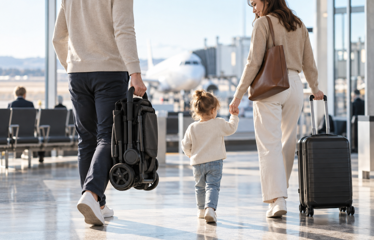 A parent carries a folded compact stroller while walking with a toddler and suitcase through an airport gate area.